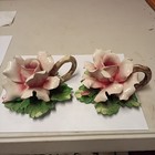 Capodimonte Rose Flower Candle Holder Porcelain Vintage Pair Beautiful 