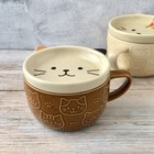 Ceramic Cat Mug   Cat Cup   Tea Coffee Mug With Lid   Handmade Mug   Brown