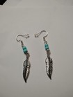 Feather Earrings Turquoise Beads 925 Sterling Silver Earwire Native American Sty