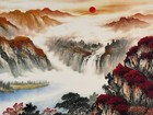 Vintage Chinese Scroll Painting - Autumn Mountain Waterfall With Red Leaves