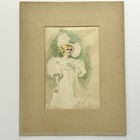 Antique Watercolor And Pencil Drawing Victorian Woman In Feathered Hat 1890   s