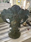 Unmarked Art Nouveau Metal Vase Green gold Floral Relief Flared Antique Finish