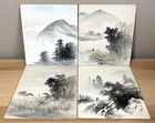 Vtg Set 4 Shikishi Board Japan Sumi-e Art Ink   Color Landscape Painting Signed