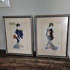 Vintage Mcm Japanese Geisha Framed Silk Artwork Set  Handcrafted  Asian Wall Art