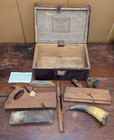 Antique Atkins Leather Trunk W  Contents Powder Horn Molding Planes Spoke Shave 