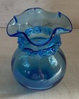 Pilgrim Glass Hand Blown Blue Ruffle Vase With Blue Rigaree Collar 6 5 Inches