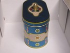 Vintage Metal Oval Tin Blue Pinstriped With Daisies Gold Interior