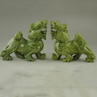 Chinese Hand Carved Natural Green Jade Pixiu Exquisite Statue Pair Feng Shui