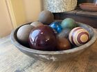 Lot Of 10  Antique Primitive Colorful Ball Decoration In A Wooden Bowl