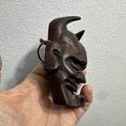 Vintage Folk Art Wood Carved Horned Demon Devil Face Mask 4  Wall Hanging