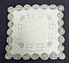 Antique White Wedding Hankie Hand Embroidery Pulled Thread Tatted Lace Trim