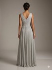 Elegant Silver Metallic Pleated Maxi Dress V-neck Embellished Waist Formal Gown