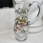 Crystal Clear Pitcher Glass  Romania Handpaint Floral Gold Trim Drink 64 Oz Vtg
