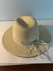 Chico s Beige Woven Straw Wide Brim Sun Hat W  Ribbon Bow  One Size