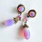 Vintage French Couture Gilt Metal  Rhinestone  Pink Opaline Glass Drop Earrings