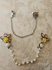 Women s Dress Clip Sweater Guard Chain  Yellow Flower Clips  White Pearls