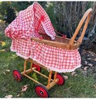 Antique Wicker Baby Doll Bassinet Buggy Carriage Stroller Red White Checker 
