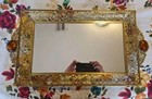 Vtg Vanity Tray Metal Rectangle Mirror Gold Tone Ornate Filigree Amber Stones