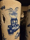 Antique 19th C  Chinese Porcelain Hat Wig Stand Vase Blue   White Landscape