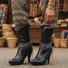 Women 2pcs Silver Metal Boot Chain Bracelet Ethnic Flower Charm Shoe Anklet Set