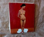 Japanese Nude Oil Painting  Signed Masao H   Standing Woman On Red Background
