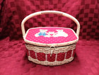 Vintage Wicker Sewing Basket With Handle  Pin Cushion Pocket  Full Contents