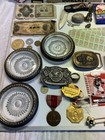 Junk Drawer Lot Vintage Foreign Money Coins Cards Knife Sterling Silver Coasters