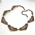 Vintage Signed Matisse Copper Enamel Panel Link Necklace Black White Gold Speckl