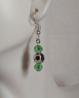 Handmade Light Green Faceted Glass Beaded Stick Drop Hook Earrings Silver Tone  