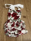 Baby Girl White Romper 9-12 Months Headband Ruffles Roses Handmade One Piece