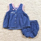 Vintage Buster Brown Denim Cat Bird Embroidered Dress Bloomer Set 18m 90s
