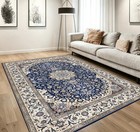 Navy Blue Oriental Washable Area Rug Traditional Floral Medallion Carpet Indoors