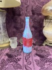 Decorative Wine Bottle Stained Glass Hand Painted Upcycled Baby Blue Red