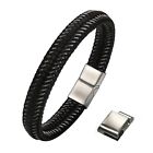 Men s Stainless Steel Magnetic Clasp Braided Cuff Leather Bracelet Bangle Wrist