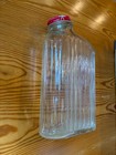 Vintage Refrigerator Glass Water Bottle Red Lid Quart Ribbed 40   s 50   s