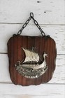 Vintage Hanging Wood   Pewter Wall Plaque Viking Ship  norge  1960   s