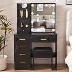 Black Vanity Set With Led Lighted Mirror And Stool Large Makeup Dressing Table