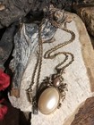 5 vintage 1928 Gold Tone Faux Pearl Angel Locket Pendant Rope Chain Necklace 30 