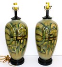 Vintage Two Lee Reynolds Painted Table Lamps Signed Mid Century Modern Abstract