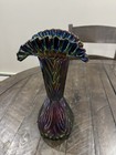 Vtg Fenton Amethyst Black Carnival Ribbed   Crimped Glass Vase Diamond Pattern