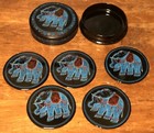 Vintage Lacquerware 4  Round Elephant Coaster Set W  Matching Storage Container