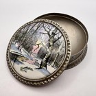 Big Vintage Vanity Face Puff Powder Box Compact Case Silver Plated Enamel Nature