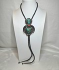 Vintage Southwestern Turquoise Coral Double Claw Sterling Silver Bolo Tie 92g