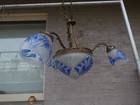 Antique Art Nouveau Glass Blue Etched Chandelier Lamp Rare 3 Arms