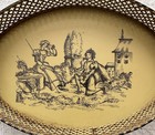 Mid Century Italian Tole Tray Yellow Toile De Jouy Courting Scene Pierced Rim