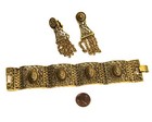 Vintage Goldette Panel Bracelet And Chain Fringe Earrings Set