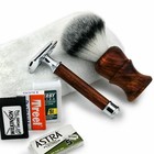 Wooden Synthetic Badger Brush   De Safety Razor   Towel Gift Wet Shaving Set New