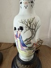 Pair Of Chinese Hand Painted Antique Porcelain Vase Table Lamps  Stamped  