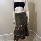 Women   s Brown Denim Cotton Stretch Boho Beaded Lace Zip Size M 6-8  Skirt 3716