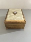 Vintage Gold Filigree Cameo Footed Jewelry Box Beveled Glass